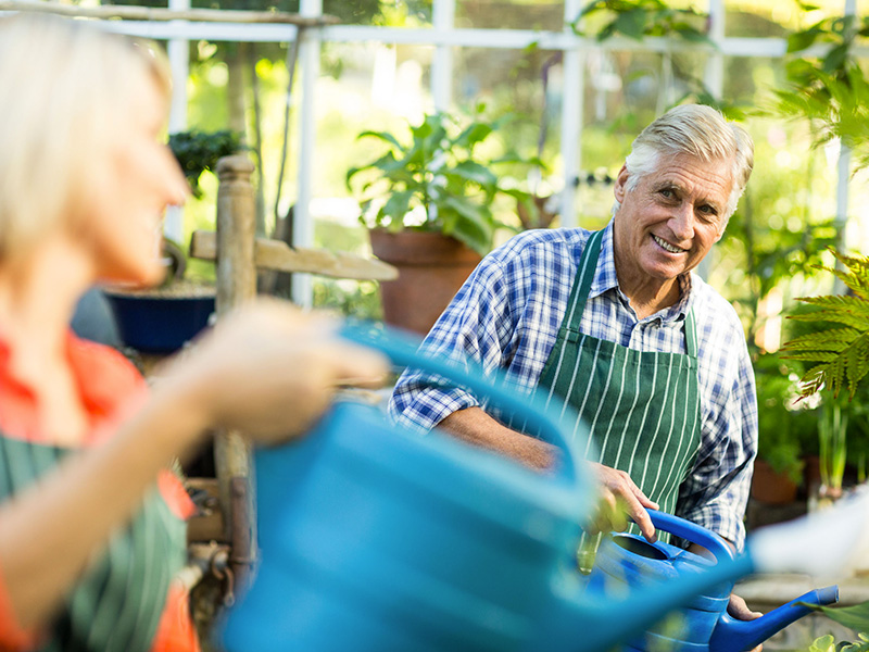 Deux employés à l'âge de la retraite, travaillant dans un commerce de jardinage.